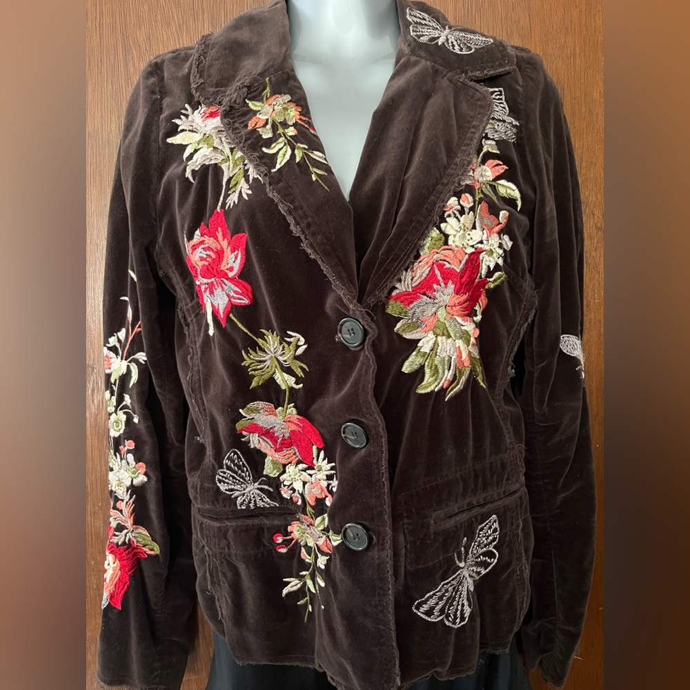 JOHNNY WAS velvet jacket blazer brown floral butterfly embroidered M medium - Picture 13 of 16